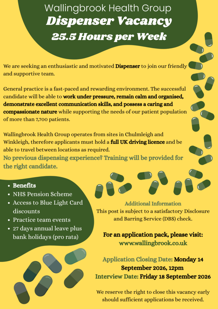 Dispenser Vacancy 25.5 Hours Per Week Wallingbrook Health Group Is Seeking An Enthusiastic And Motivated Dispenser To Join Our Friendly And Supportive Team. General Practice Is A Fast Paced And Re